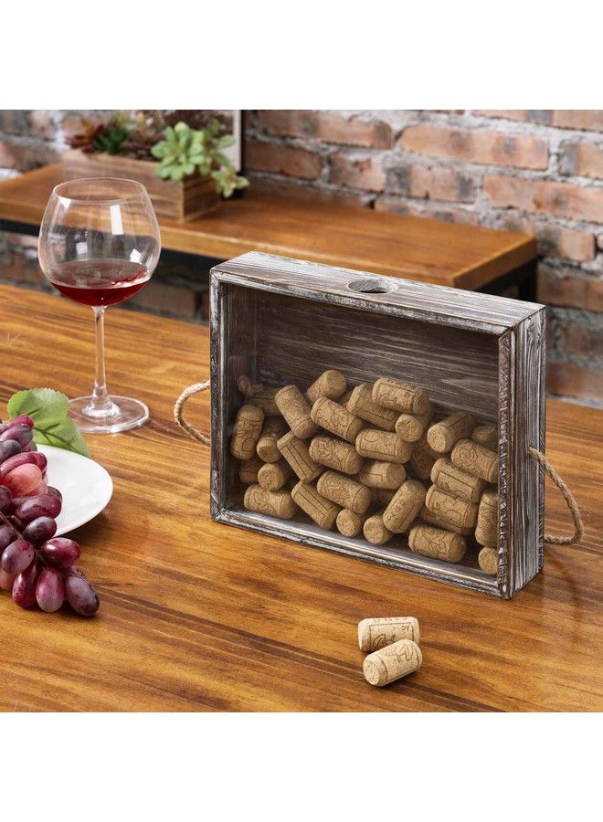 Wall Mounted Torched Wood Wine Cork Holder Decor Beer Bottle Cap Holder Catcher Decorative Shadow Box With Hanging Rope