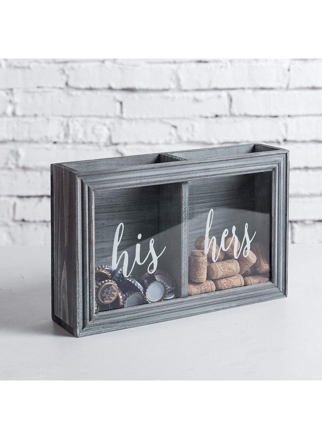 Wall Mounted Vintage Gray Wood Shadow Box Wine Cork And Beer Cap Holder With His And Hers Word Design On Premium Clear Acrylic Panels