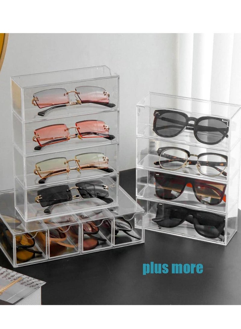 Acrylic Sunglasses Organizer, Stackable Eyewear Display Tray with 4 Lid Drawer Organizer Rectang Supplies for Bathroom, Dorm, Desk, Countertop, Office (Transparent)