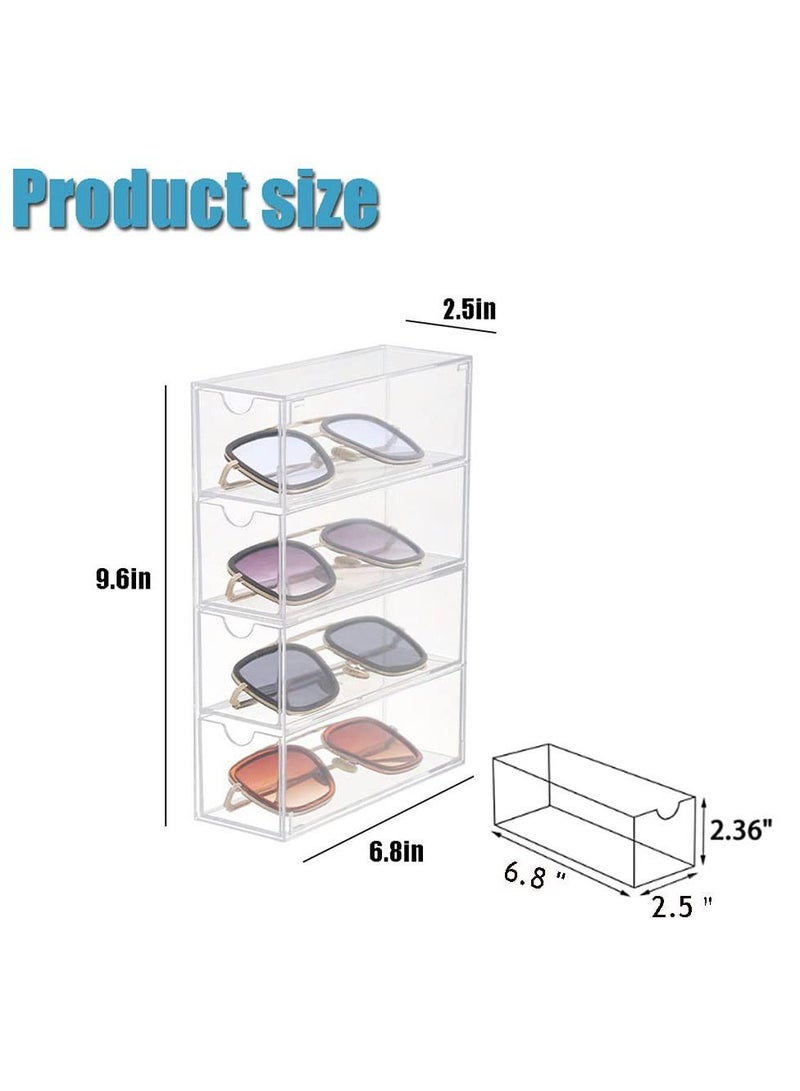 Acrylic Sunglasses Organizer, Stackable Eyewear Display Tray with 4 Lid Drawer Organizer Rectang Supplies for Bathroom, Dorm, Desk, Countertop, Office (Transparent)