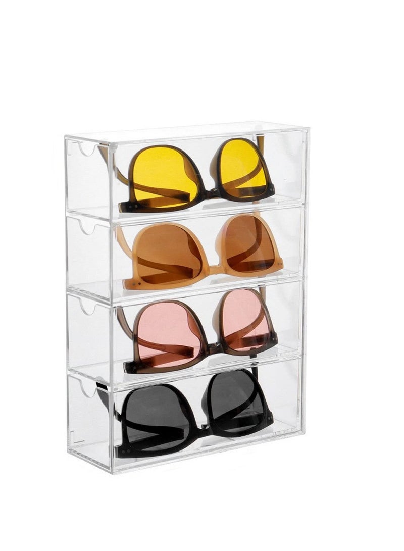 Acrylic Sunglasses Organizer, Stackable Eyewear Display Tray with 4 Lid Drawer Organizer Rectang Supplies for Bathroom, Dorm, Desk, Countertop, Office (Transparent)