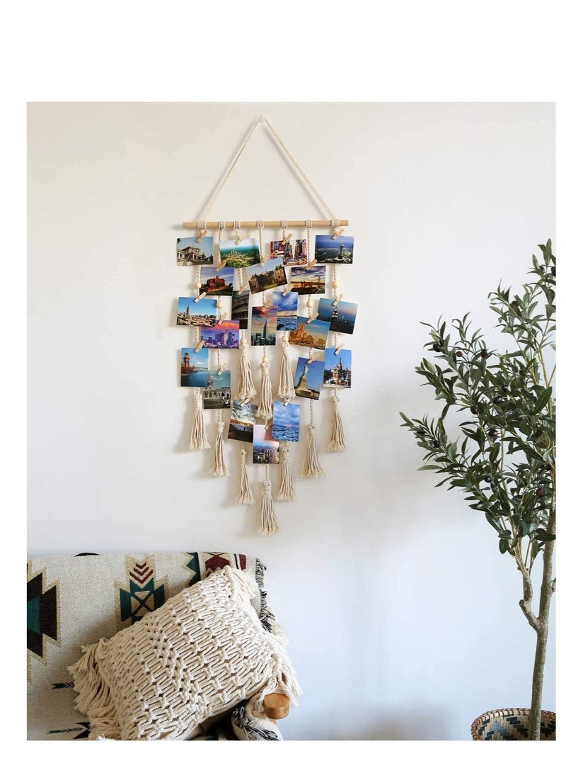 DELFINO Hanging Photo Display with Macrame Decorative Wall Hanging Pictures Organizer, Perfect for Home Decor Wooden Clips (White) Photo Hanging Display for Wall Decor