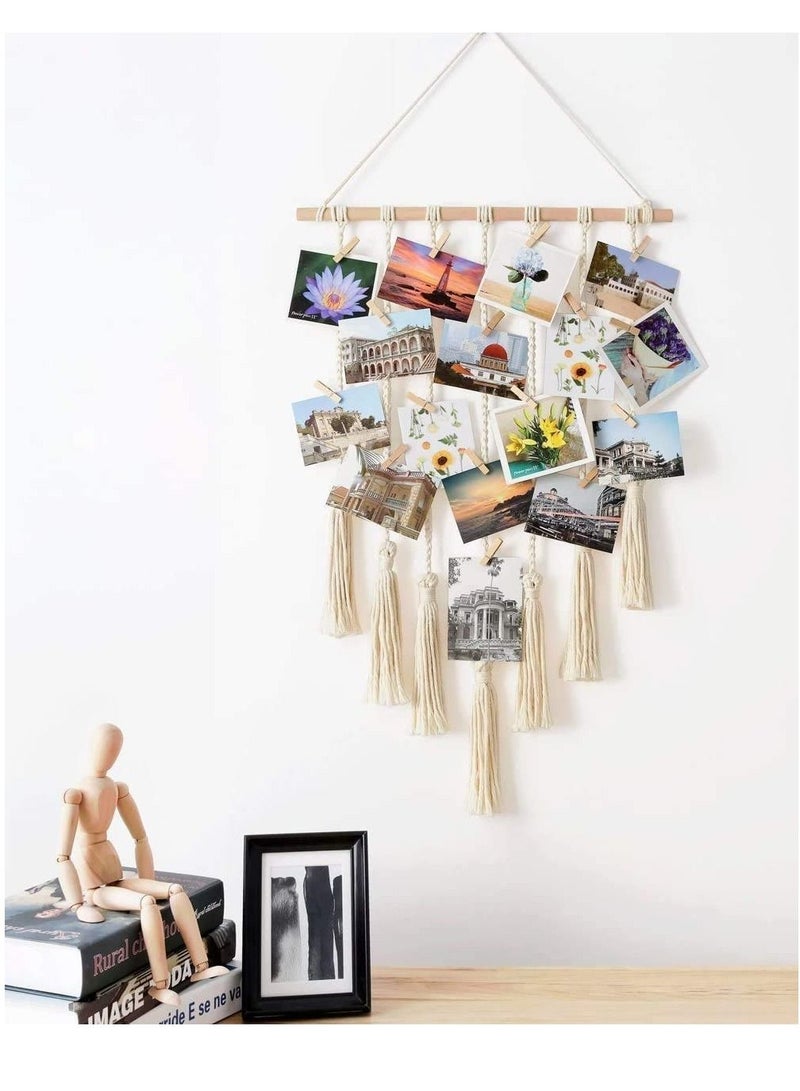 DELFINO Hanging Photo Display with Macrame Decorative Wall Hanging Pictures Organizer, Perfect for Home Decor Wooden Clips (White) Photo Hanging Display for Wall Decor