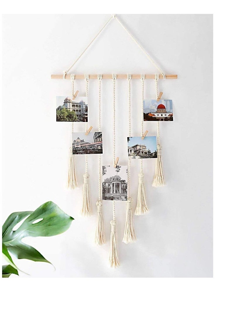 DELFINO Hanging Photo Display with Macrame Decorative Wall Pictures Organizer, Perfect for Home Decor Wooden Clips (White)