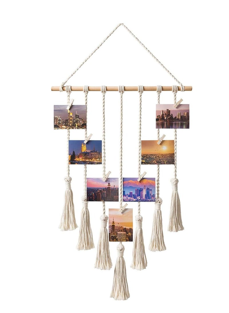 DELFINO Hanging Photo Display with Macrame Decorative Wall Pictures Organizer, Perfect for Home Decor Wooden Clips (White)