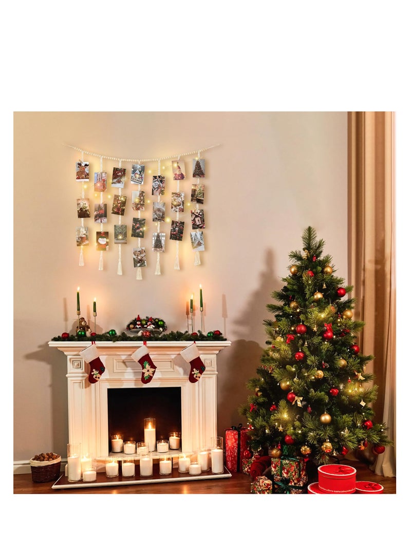 Macrame Hanging Photo Display Wall Decor, with String Lights Boho Wooden Beads Garland Collage Picture Frame Holder, with 45 Clips for Bedroom Living Room Nursery Dorm, Teen Girl Christmas Gifts