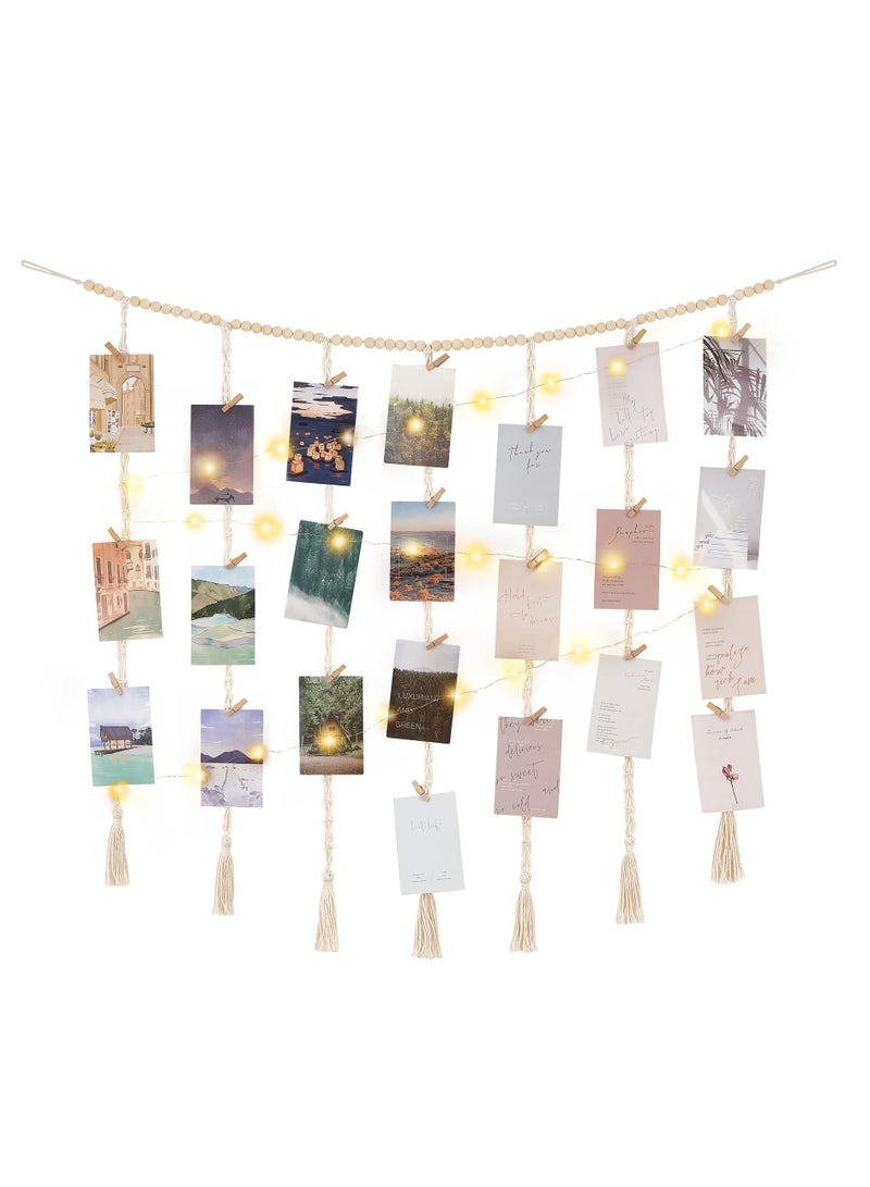 Macrame Hanging Photo Display Wall Decor, with String Lights Boho Wooden Beads Garland Collage Picture Frame Holder, with 45 Clips for Bedroom Living Room Nursery Dorm, Teen Girl Christmas Gifts