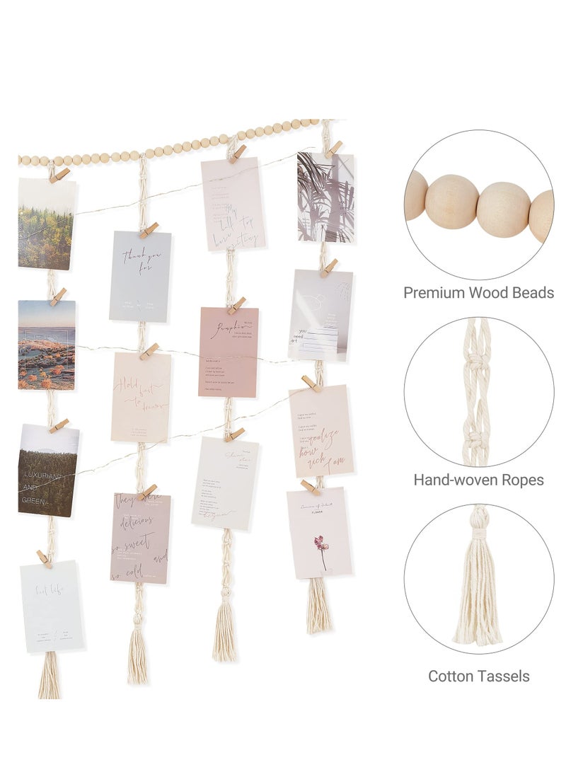 Macrame Hanging Photo Display Wall Decor, with String Lights Boho Wooden Beads Garland Collage Picture Frame Holder, with 45 Clips for Bedroom Living Room Nursery Dorm, Teen Girl Christmas Gifts