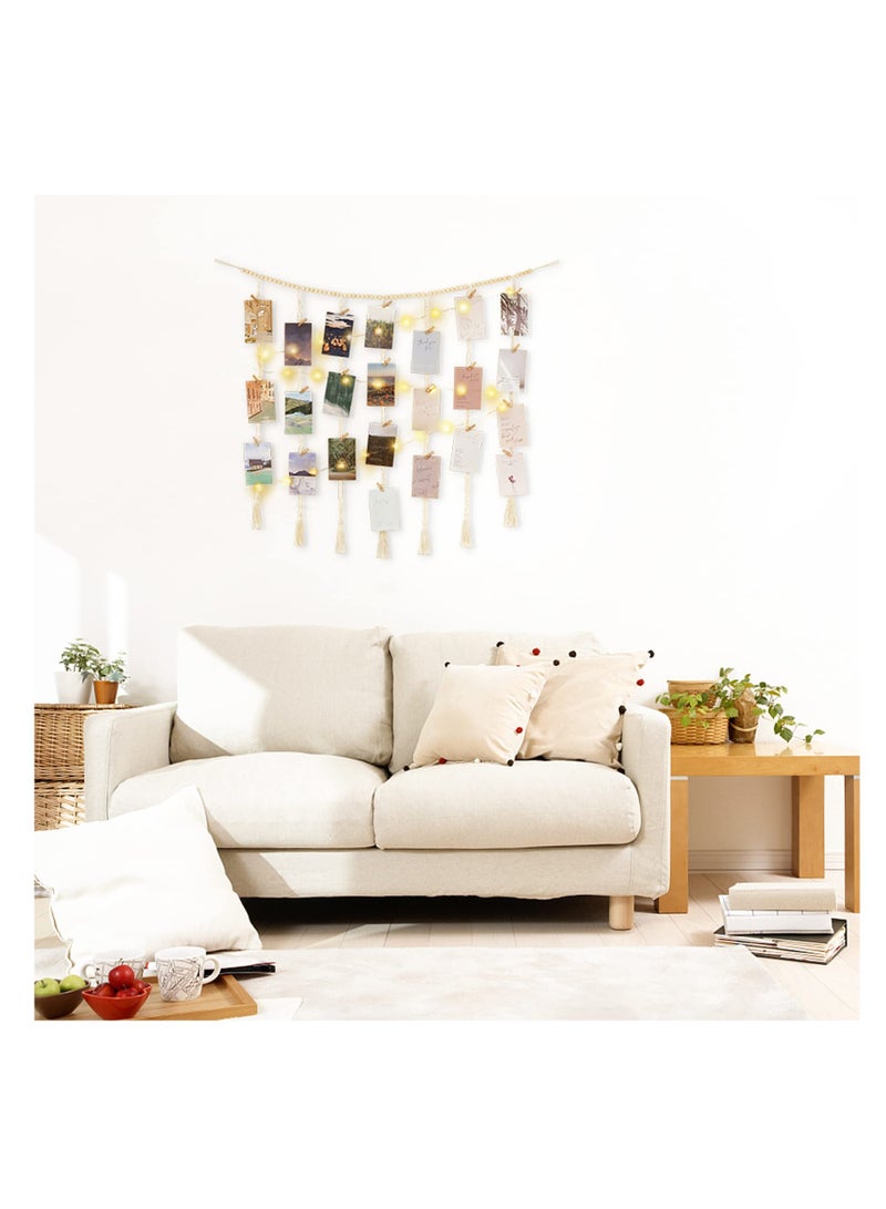Macrame Hanging Photo Display Wall Decor, with String Lights Boho Wooden Beads Garland Collage Picture Frame Holder, with 45 Clips for Bedroom Living Room Nursery Dorm, Teen Girl Christmas Gifts