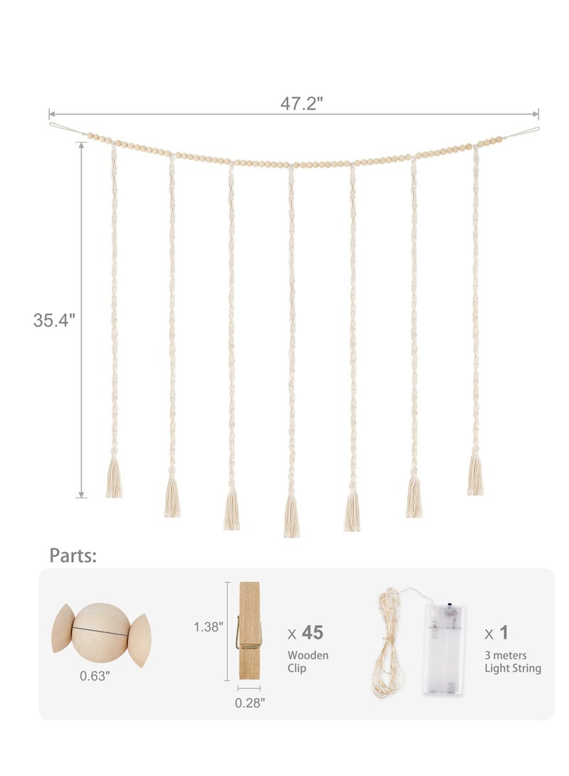 Macrame Hanging Photo Display Wall Decor, with String Lights Boho Wooden Beads Garland Collage Picture Frame Holder, with 45 Clips for Bedroom Living Room Nursery Dorm, Teen Girl Christmas Gifts