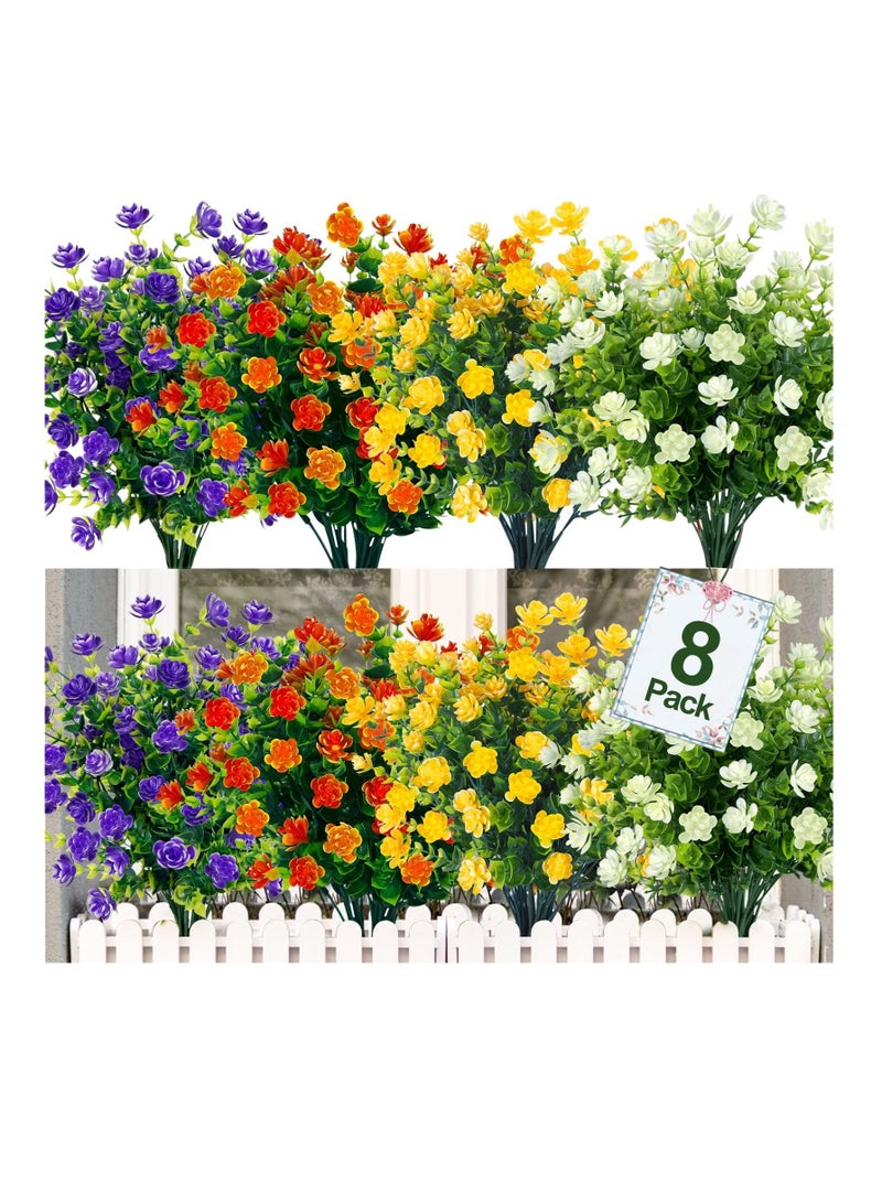 Faux Plastic Flower, Boxwood Artificial Flowers Outdoor UV Resistant Fake Greenery Shrubs Plants for Indoor Outside Planter Home Garden Window Box Porch Summer Decor (8Pcs Color)