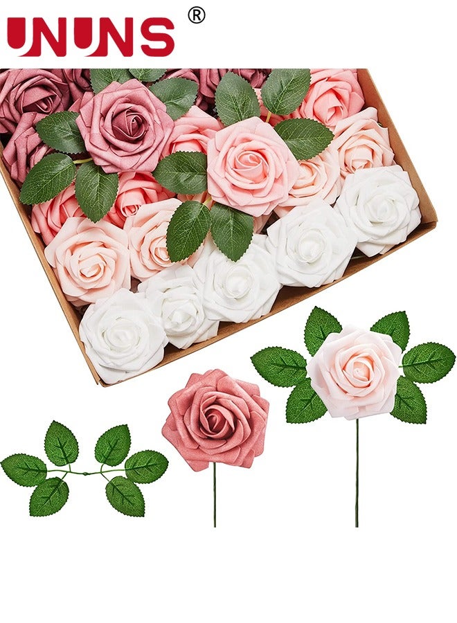 Artificial Flowers Real Looking,25 Pcs Fake Roses With Stems,Ealistic Fake Roses For DIY Wedding Bouquets,Floral Arrangements Party,Tables Home Decorations-Shades of Dusty Rose