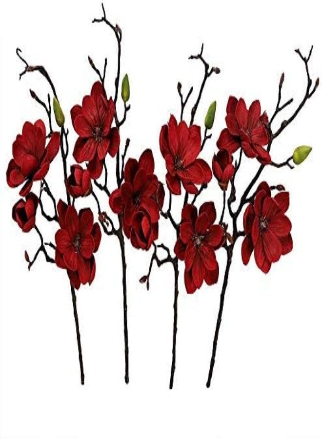Pack of 4 Yulan Magnolia Artificial Flowers Spray Branches Artificial Plants Leaf Silk Flowers Wholesale Fake Flowers for Home Table Vase Centerpiece (Red)