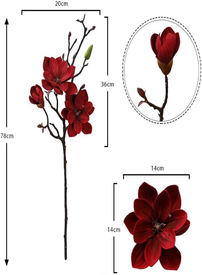 Pack of 4 Yulan Magnolia Artificial Flowers Spray Branches Artificial Plants Leaf Silk Flowers Wholesale Fake Flowers for Home Table Vase Centerpiece (Red)