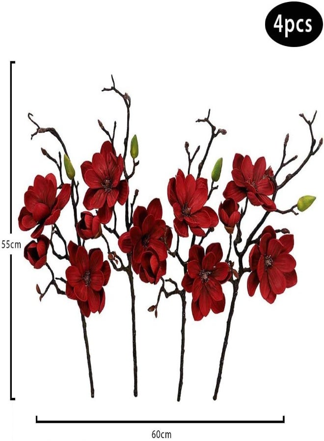 Pack of 4 Yulan Magnolia Artificial Flowers Spray Branches Artificial Plants Leaf Silk Flowers Wholesale Fake Flowers for Home Table Vase Centerpiece (Red)