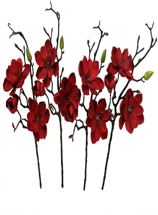 Pack of 4 Yulan Magnolia Artificial Flowers Spray Branches Artificial Plants Leaf Silk Flowers Wholesale Fake Flowers for Home Table Vase Centerpiece (Red)