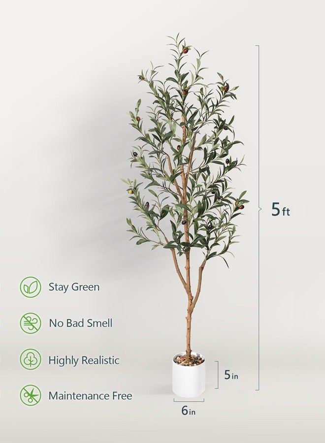 5ft Artificial Olive Tree Tall Fake Potted Olive Silk Tree with Planter Large Faux Olive Branches and Fruits Artificial Tree for Modern Home Office Living Room Floor Decor Indoor