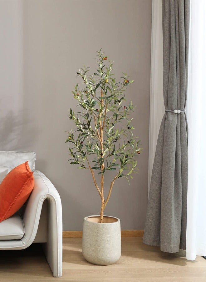 5ft Artificial Olive Tree Tall Fake Potted Olive Silk Tree with Planter Large Faux Olive Branches and Fruits Artificial Tree for Modern Home Office Living Room Floor Decor Indoor