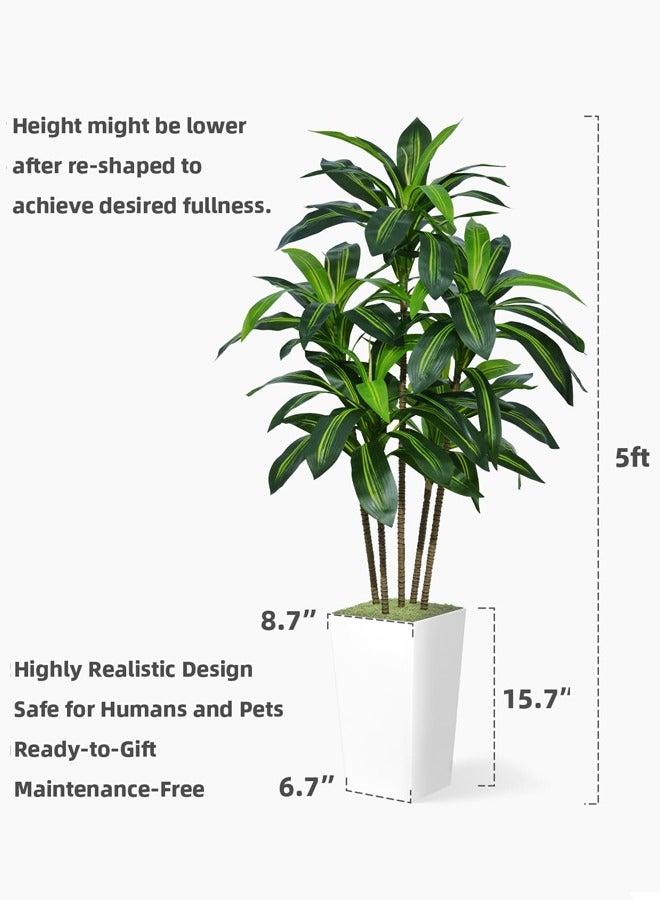 Artificial Dracaena Tree 5FT  Faux Tree with White Tall Planter - Fake Tropical Yucca Floor Plant in Pot - Artificial Silk Tree for Home Office Living Room Decor Indoor