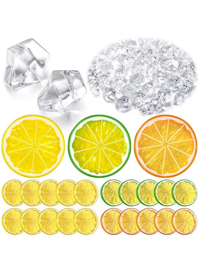 300 Pieces Clear Fake Crushed Ice Cubes Rocks And 20 Pieces Simulation Lemon Slices Artificial Fruits And Acrylic Diamonds Clear Ice For Vase Fillers Table Centerpiece Decor Wedding (2 X 0.4 Inch)