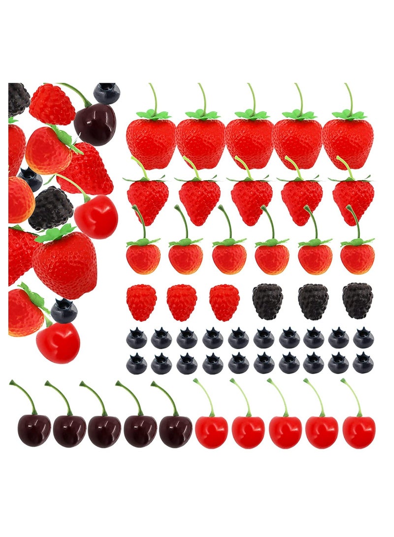 52 PCS Artificial Fake Fruit, Includes Fake Strawberries Fake Blueberries Fake Raspberries Fake Cherries, Reusable Waterproof Plastic Cake Dessert Party Home Kitchen Decoration, Photography Props