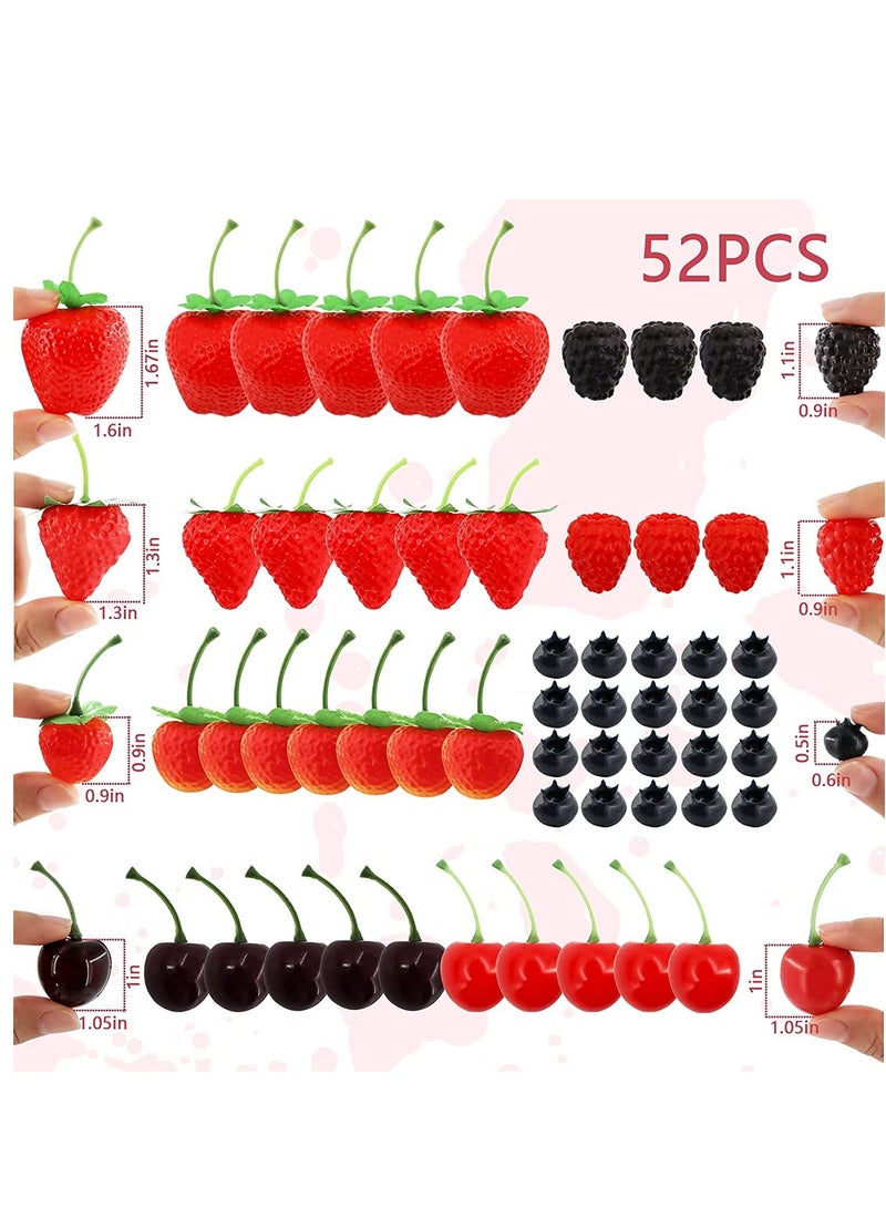 52 PCS Artificial Fake Fruit, Includes Fake Strawberries Fake Blueberries Fake Raspberries Fake Cherries, Reusable Waterproof Plastic Cake Dessert Party Home Kitchen Decoration, Photography Props