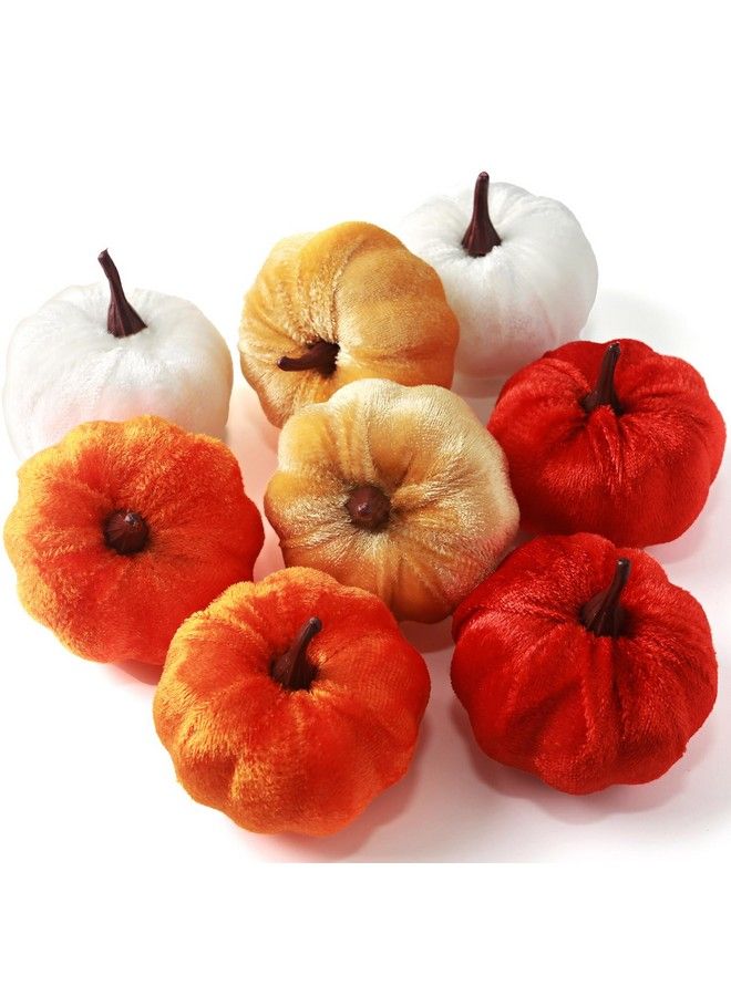 Artificial Pumpkins Set 8Pcs Velvet Pumpkins Fake Decorative Pumpkins Foam Pumpkins For Decoration Fall Theme Party Wedding Halloween Thanksgiving Table 4 Colors