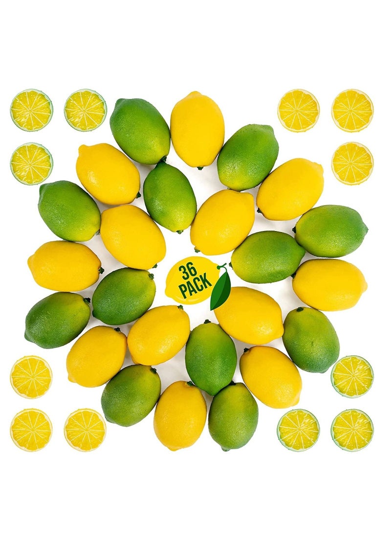 Fake Lemons Limes and Slices Set, Decorative Faux Citrus Fruits - Artificial Decorations, for Home Kitchen Table Office, Weddings Centerpiece Party Lemon Tree Decor Theme, Pack of 36