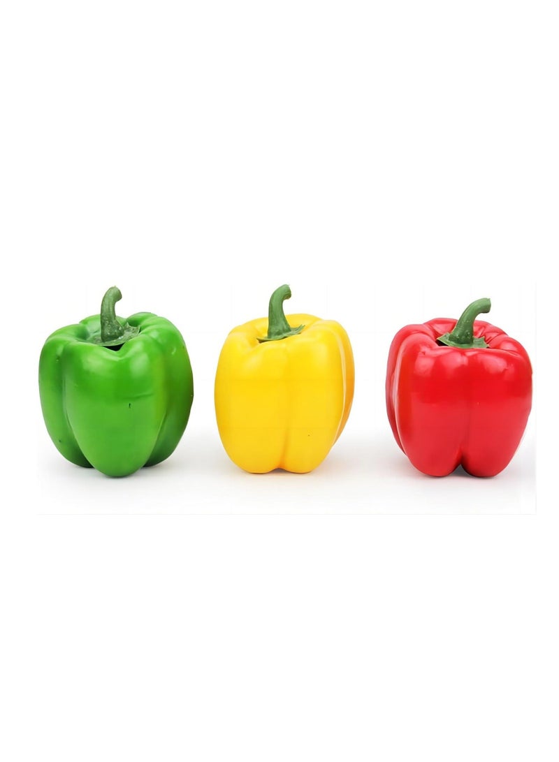 Artificial Bell Pepper 3pcs Fake Veggie Colorful Bell Peppers Red Green Yellow Bell Peppers Simulation Lifelike Hot Chili for Kitchen Party Pub Decoration Cabinet Ornament