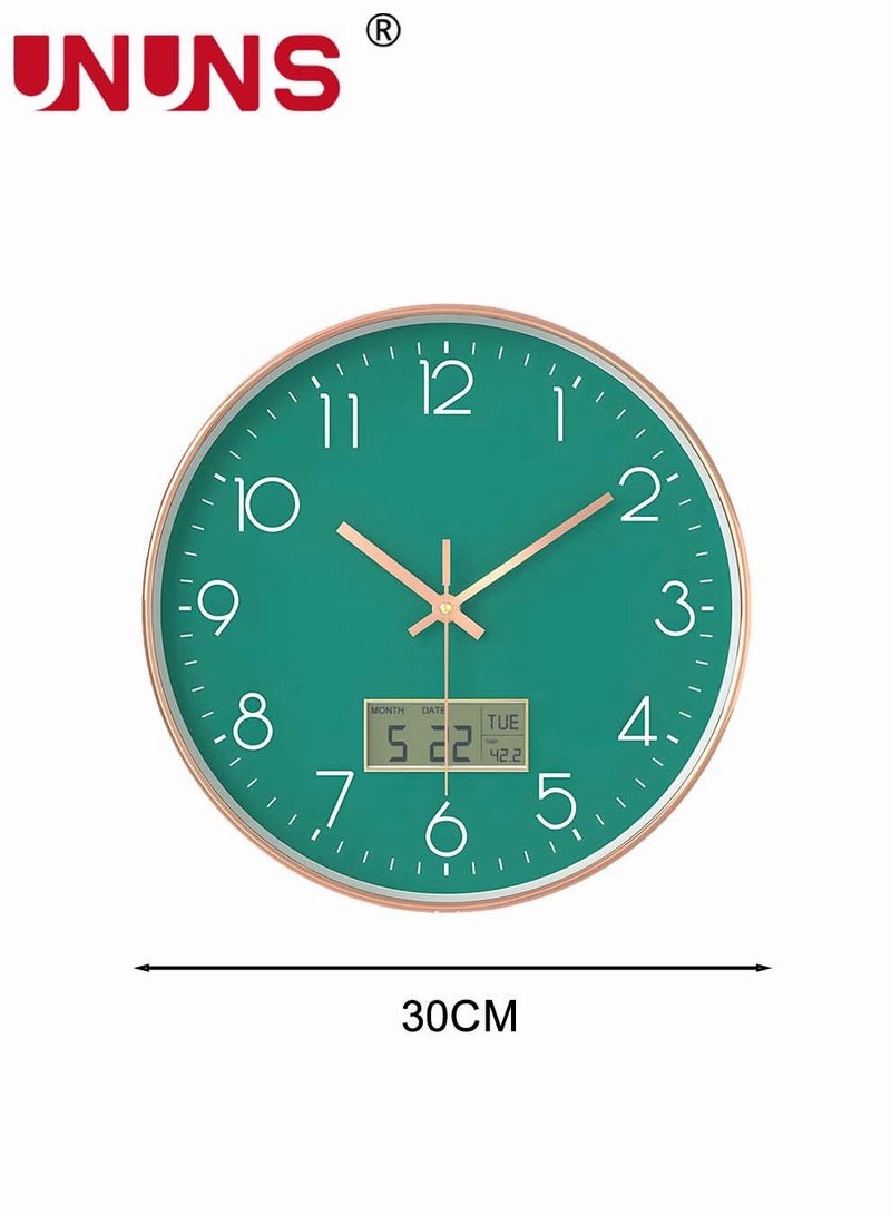 Plastic Frame Wall Clock,Green Rose Gold Frame Digital Wall Clock With Date And Temperature,12 Inch Non-Ticking Round Wall Clock For Home,Decorative Wall Clocks