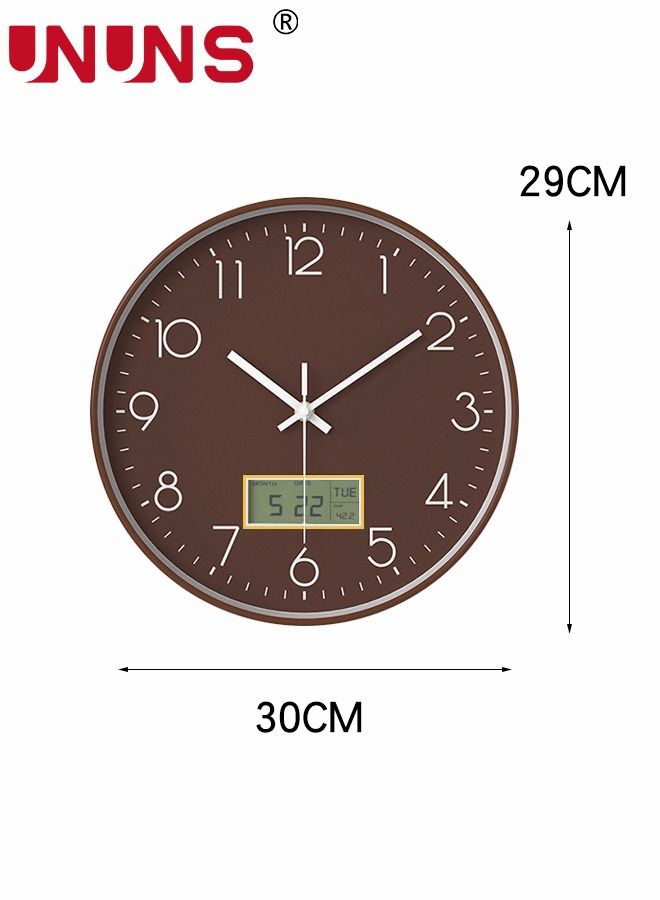 Quartz Wall Clock,12Inch Decorative Modern Mute Wall Clock Date Display,Brown