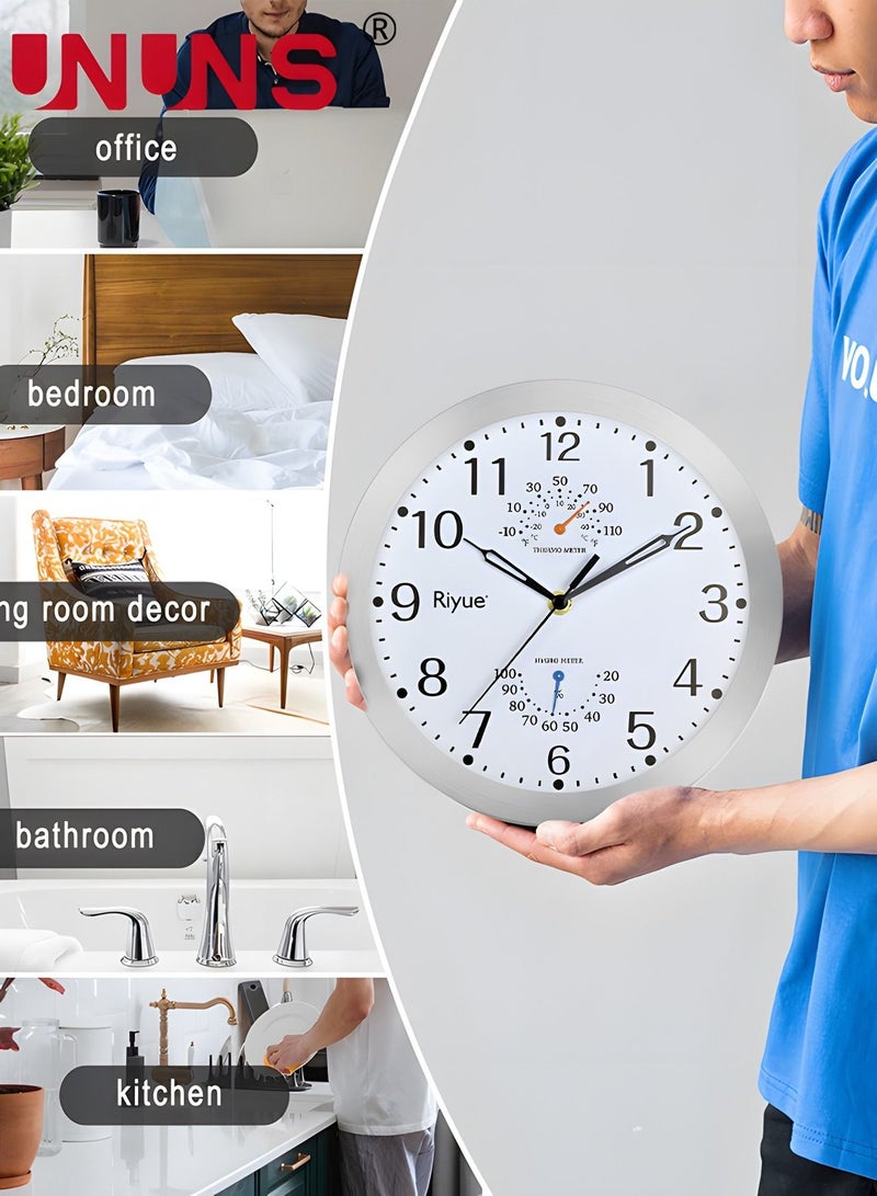 10 Inch Wall Clock with Thermometer Hygrometer,Retro Silent Non-Ticking Waterproof Wall Clock Round Clock,Quality Quartz Round Clock Wall Decorative for Bathroom/Kitchen/Bedroom