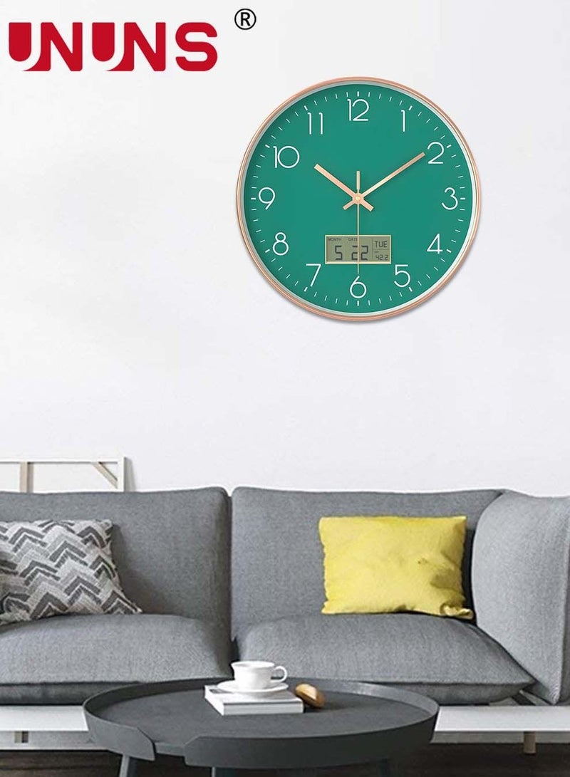 Plastic Frame Wall Clock,Green Rose Gold Frame Digital Wall Clock With Date And Temperature,12 Inch Non-Ticking Round Wall Clock For Home,Decorative Wall Clocks