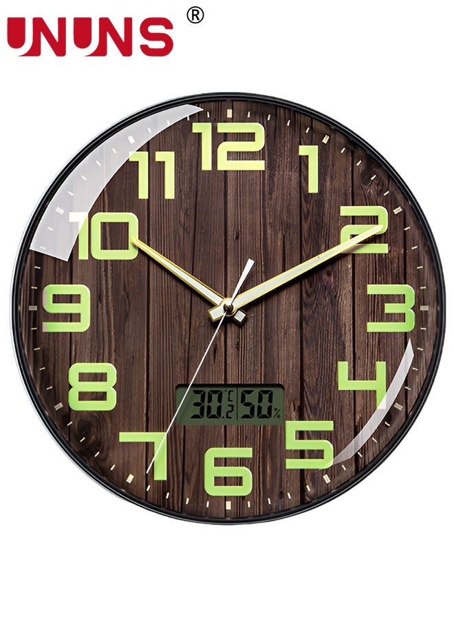 Wall Clock,12 Inch Silent No Ticking,Wood Grain Dial Design Numbers and Hands,With Temperature And Humidity Display,Perfect For Living Room Bedroom Kitchen Office,Battery Operated