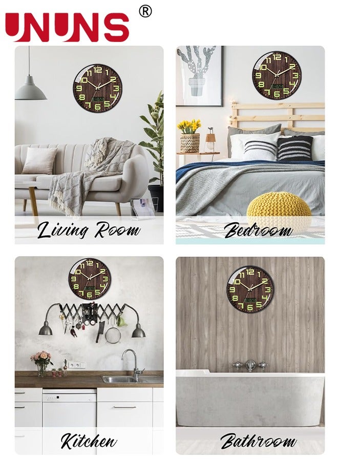 Wall Clock,12 Inch Silent No Ticking,Wood Grain Dial Design Numbers and Hands,With Temperature And Humidity Display,Perfect For Living Room Bedroom Kitchen Office,Battery Operated