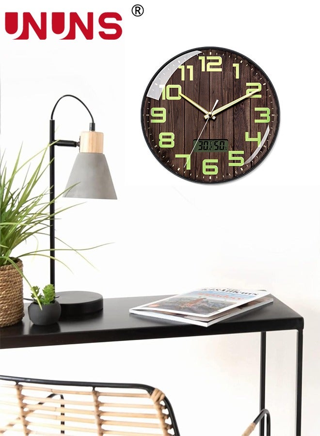 Wall Clock,12 Inch Silent No Ticking,Wood Grain Dial Design Numbers and Hands,With Temperature And Humidity Display,Perfect For Living Room Bedroom Kitchen Office,Battery Operated