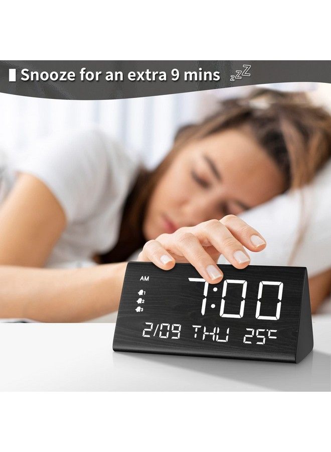Digital Alarm Clock With Wooden Electronic Led Time Display 3 Alarm Settings Weekday Weekend Mode Temperature Detect Wood Made Electric Clocks For Office Bedroom Bedside (Black)