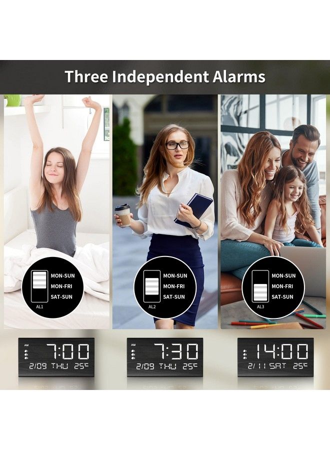 Digital Alarm Clock With Wooden Electronic Led Time Display 3 Alarm Settings Weekday Weekend Mode Temperature Detect Wood Made Electric Clocks For Office Bedroom Bedside (Black)