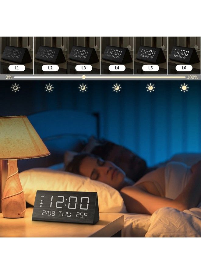 Digital Alarm Clock With Wooden Electronic Led Time Display 3 Alarm Settings Weekday Weekend Mode Temperature Detect Wood Made Electric Clocks For Office Bedroom Bedside (Black)