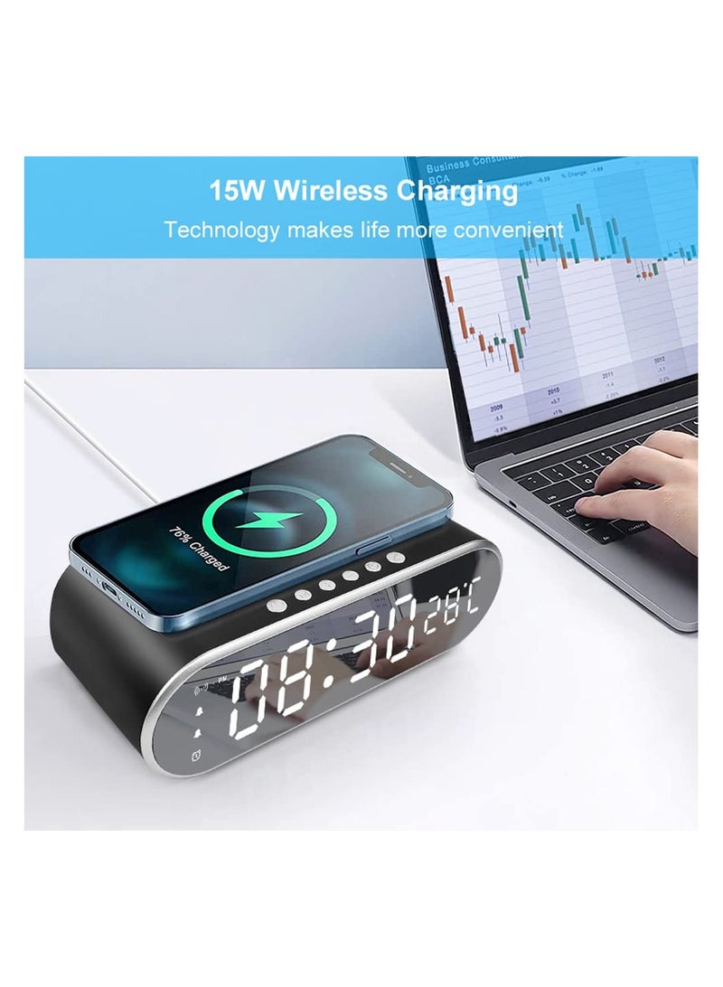 LED Digital Alarm Clock, Digital Clock with Modern Design, Digital Alarm Clock with Fast Wireless Charger, Thermometer and Time, for Bedroom, Meeting, Travel, Homework and More (Black)