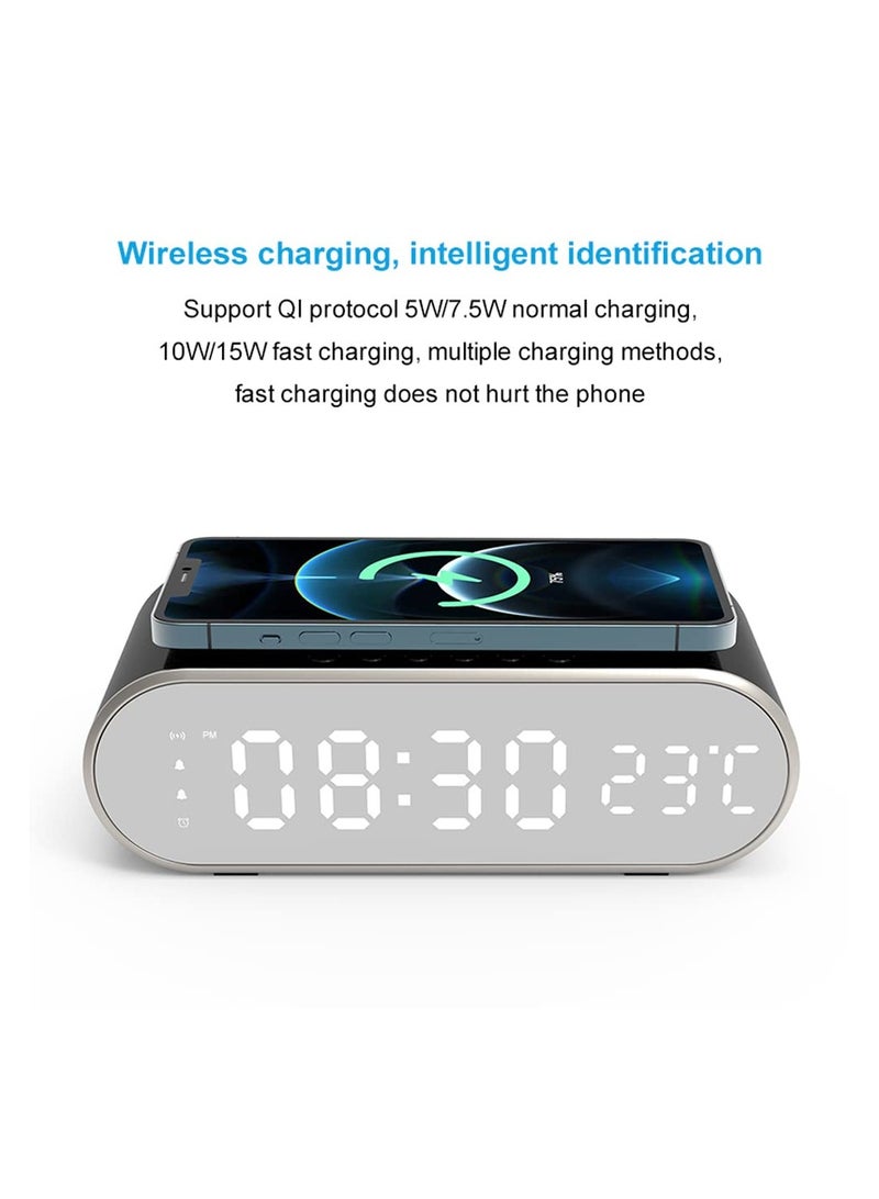LED Digital Alarm Clock, Digital Clock with Modern Design, Digital Alarm Clock with Fast Wireless Charger, Thermometer and Time, for Bedroom, Meeting, Travel, Homework and More (Black)