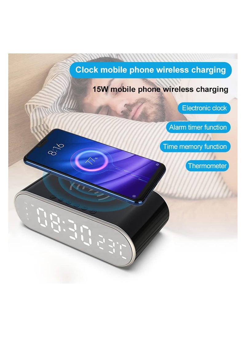 LED Digital Alarm Clock, Digital Clock with Modern Design, Digital Alarm Clock with Fast Wireless Charger, Thermometer and Time, for Bedroom, Meeting, Travel, Homework and More (Black)