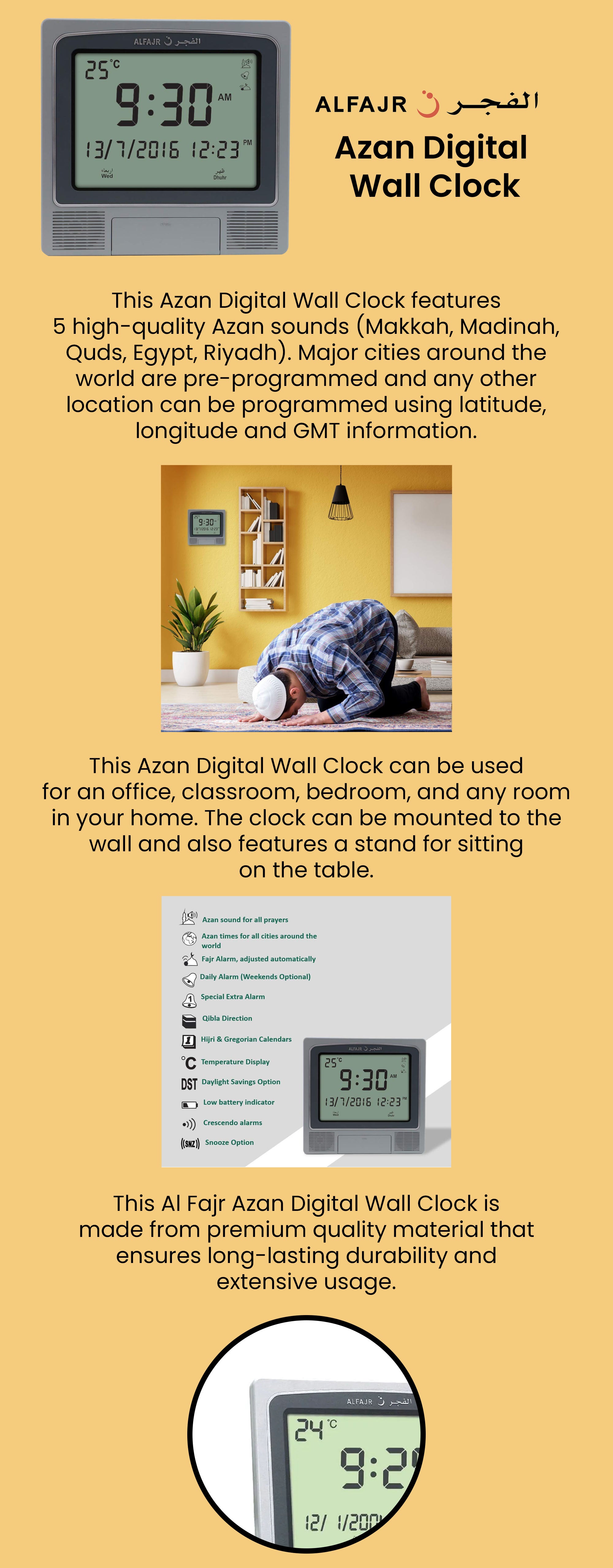 Digital Wall And Table Azan Clock For Prayer With Large LCD Display Grey 21 x 22 x 2.5cm