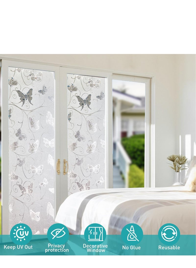 Window Privacy Film, 3D Crystal Window Tint, Butterfly Decorative Non-Adhesive, Privacy Frosted Self- Adhesive Opaque Static Glass Window Film Clings Removable Anti UV, 17.7x78.7in