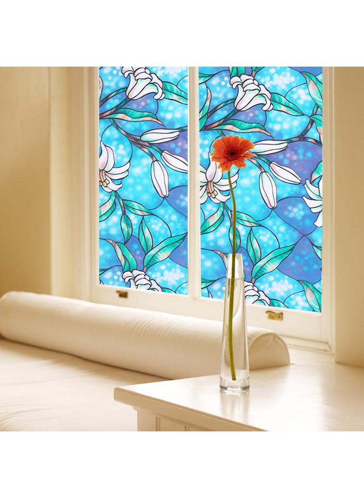 PVC Colored Lily Electrostatic Glass Sticker For Windows Adhesive Free And Removable Painted Glass Sticker Privacy Window Films