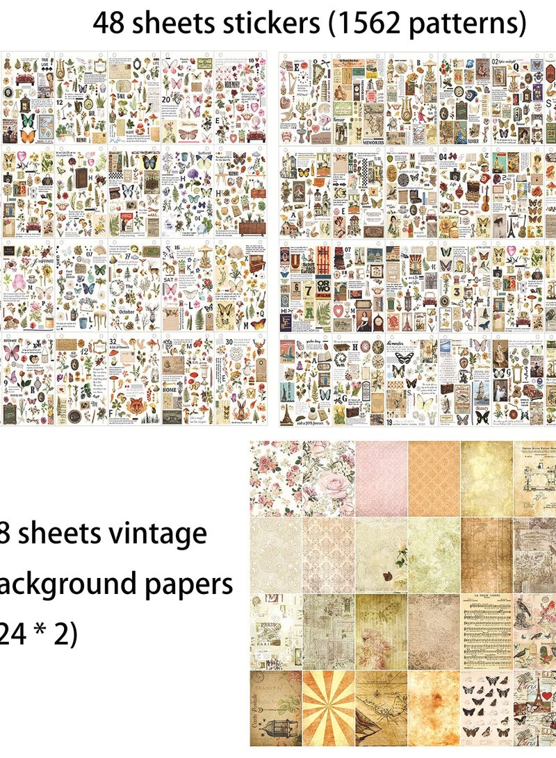 Vintage Scrapbooking Stickers Set, 96 Sheets with 1562 Pattern Stickers and 48 Background Papers, Aesthetic Stickers for Journaling, Planners, DIY Crafts, and Scrapbooking Supplies