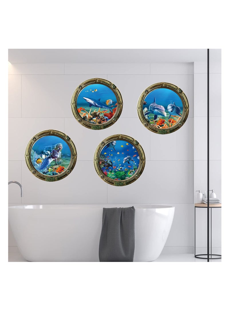 Ocean World Wall Stickers with Plastic Spatula, Removable Porthole School of Fish Wall Decor, 3D Sealife Art Decals for Kids Nursery Bedrooms Living Rooms Decoration, PVC material (4Pcs)