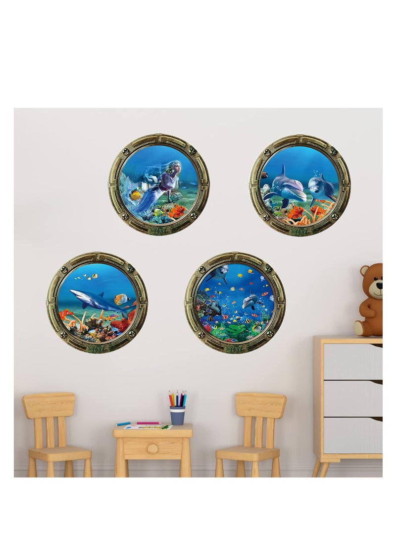 Ocean World Wall Stickers with Plastic Spatula, Removable Porthole School of Fish Wall Decor, 3D Sealife Art Decals for Kids Nursery Bedrooms Living Rooms Decoration, PVC material (4Pcs)