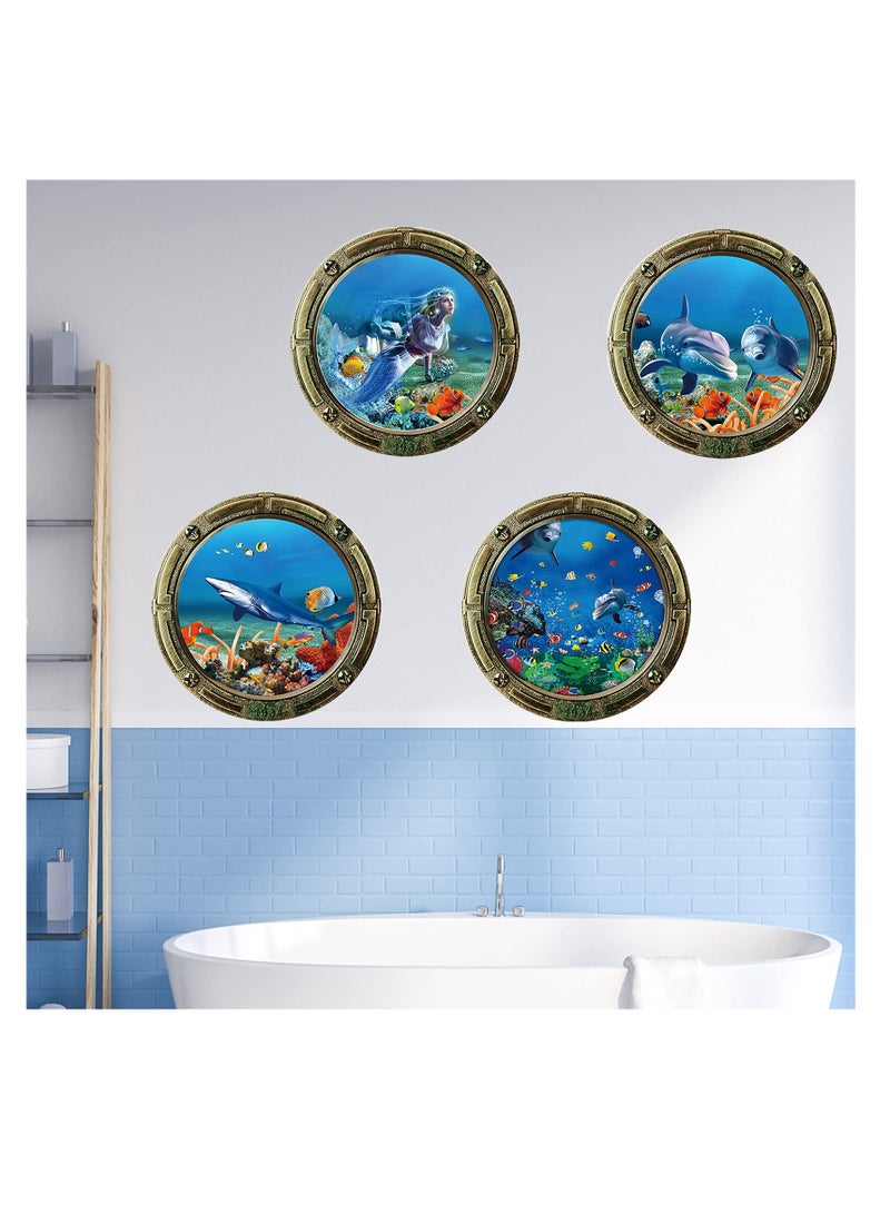 Ocean World Wall Stickers with Plastic Spatula, Removable Porthole School of Fish Wall Decor, 3D Sealife Art Decals for Kids Nursery Bedrooms Living Rooms Decoration, PVC material (4Pcs)