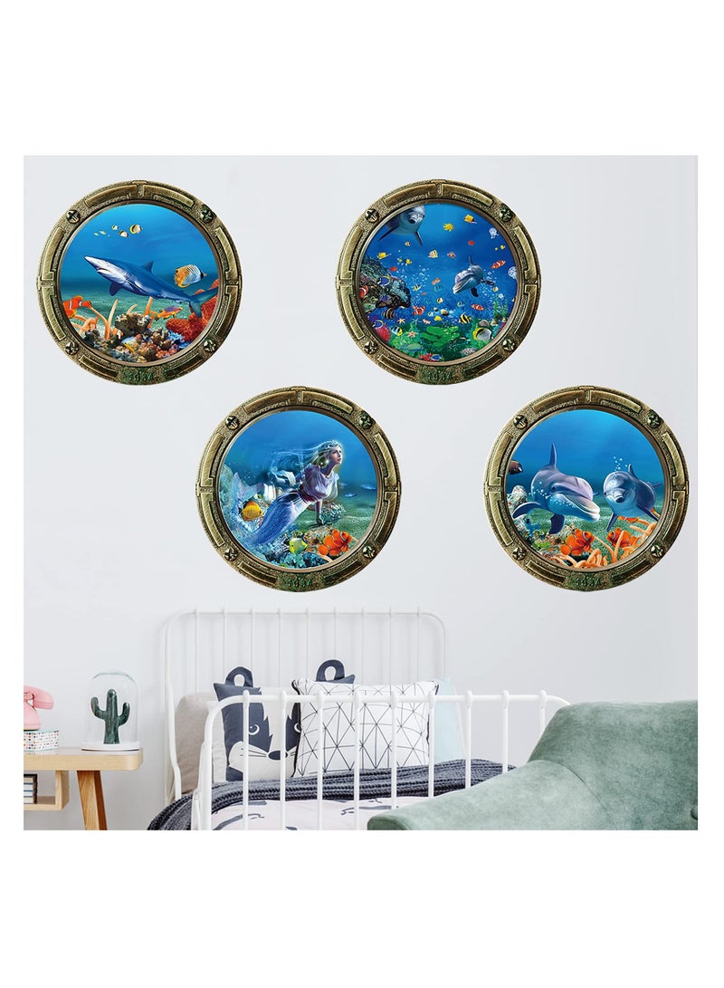 Ocean World Wall Stickers with Plastic Spatula, Removable Porthole School of Fish Wall Decor, 3D Sealife Art Decals for Kids Nursery Bedrooms Living Rooms Decoration, PVC material (4Pcs)